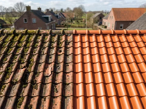 Voor en na vergelijking dakreiniging: links vervuild dak, rechts schoon dak