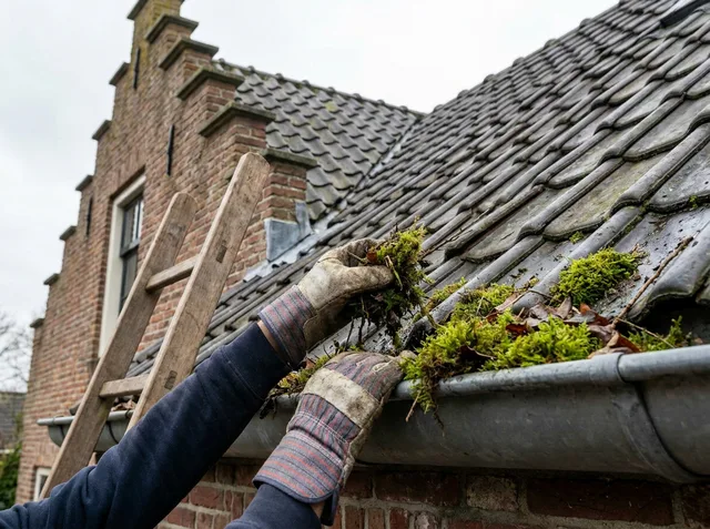 Dakwerker met veiligheidsgordel die veilig op het dak werkt bij dakreiniging