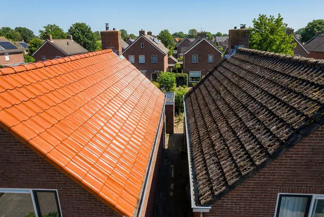 Professioneel gereinigd dak in Nederland glimt in de zon na volledige dakreiniging